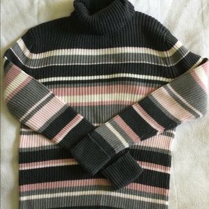 Cotton Rib Knit Turtleneck Sweater Sz L Gray/Pink